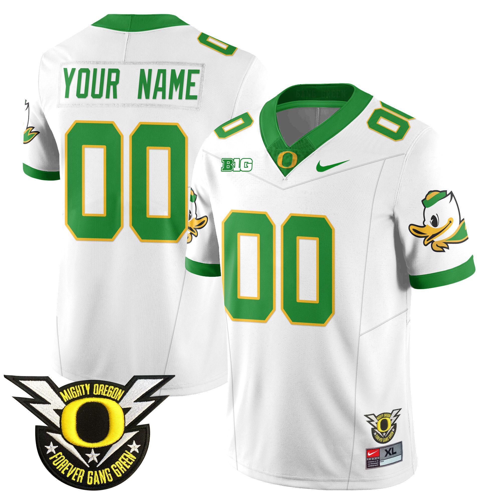 Men Oregon Ducks White 2024 Nike Forever Gang Green & BIG Patch Vapor Limited Custom NCAA Jersey->ncaa teams->NCAA Jersey